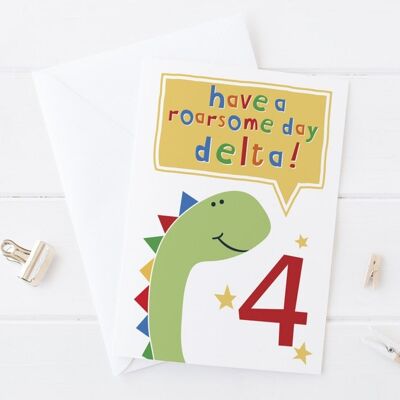 Dinosaurier-Geburtstagskarte – personalisierte Karte für Kinder – jedes Alter – niedliche Dinosaurier-Karte – Dinosaurier-Geburtstag – Augenzwinkern-Design – Karte für Jungen – 1