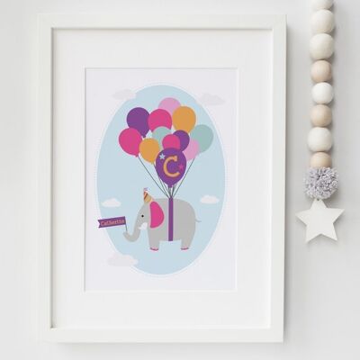 Elephant Nursery Print - Personalized print for children - elephant nursery decor - new baby gift - gift for children - girls birthday gift - Mounted 30x40cm (£25.00)