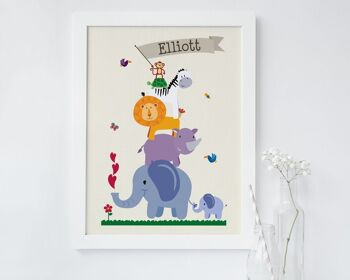 Animal Nursery Print pour enfants - imprimé personnalisé - décor de pépinière - imprimé zoo - éléphant rhinocéros lion singe zèbre imprimé - nouveau cadeau de bébé - cadre en chêne + monture (60,00 £) 1