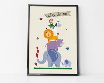 Animal Nursery Print pour enfants - imprimé personnalisé - décor de pépinière - imprimé zoo - éléphant rhinocéros lion singe zèbre imprimé - nouveau cadeau de bébé - cadre en chêne + monture (60,00 £) 2