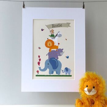 Animal Nursery Print pour enfants - imprimé personnalisé - décor de pépinière - imprimé zoo - éléphant rhinocéros lion singe zèbre imprimé - nouveau cadeau de bébé - cadre en chêne + monture (60,00 £) 5