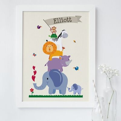 Animal Nursery Print para niños - impresión personalizada - decoración de guardería - impresión de zoológico - elefante rinoceronte león mono cebra - nuevo regalo de bebé - Marco blanco + montura (£ 60.00)