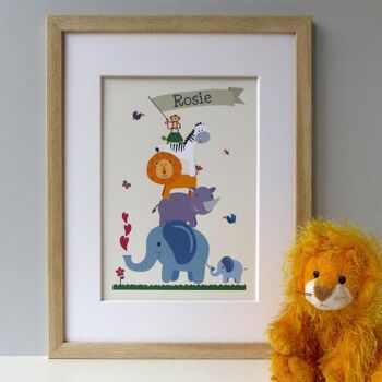 Animal Nursery Print pour enfants - impression personnalisée - décor de pépinière - impression de zoo - éléphant rhinocéros lion singe zèbre - nouveau cadeau de bébé - cadre blanc + passe-partout (60,00 £) 4