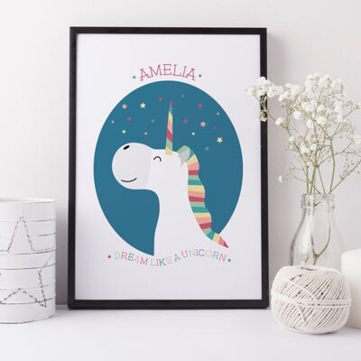 Lámina Infantil Unicornio Sueño Personalizada - Montada 30x40cm (25,00€) Impresión con Nombre