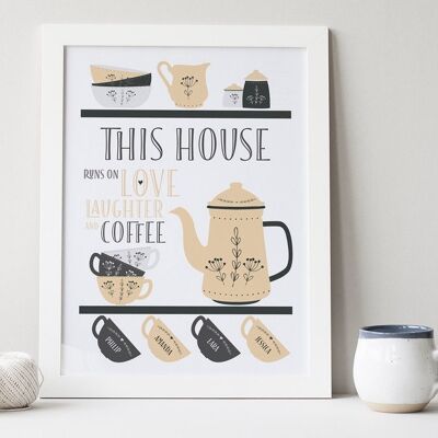 Scandi Style Family Coffee Print – Kaffeedruck – Küchendekoration – Familiendruck – Einweihungsgeschenk – Wohnkultur – Kaffeedruck – Kaffeekunst – Unmontierter A4-Druck (£18.00) Sand – 3 Tassen