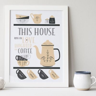 Scandi Style Family Coffee print - coffee print - kitchen decor - family print - housewarming gift - home decor - coffee print - coffee art - White frame + mount (£60.00) Sand - 2 cups