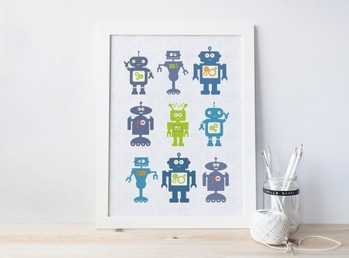 Robot Art Print for Children - White frame + mount (£60.00)