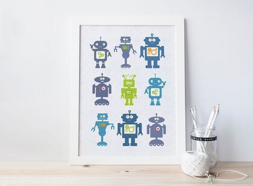 Robot Art Print for Children - Black frame + mount (£60.00)