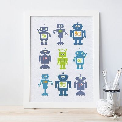 Stampa artistica robot per bambini - Cornice in quercia + supporto (£ 60,00)