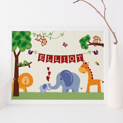 Dschungel-Safari-Tierdruck für Kinder – personalisierte Kinderzimmerdekoration – Dschungelkunst – neues Babygeschenk – Taufgeschenk – Elefant – Giraffe – Löwe – unmontierter A4-Druck (£18,00)