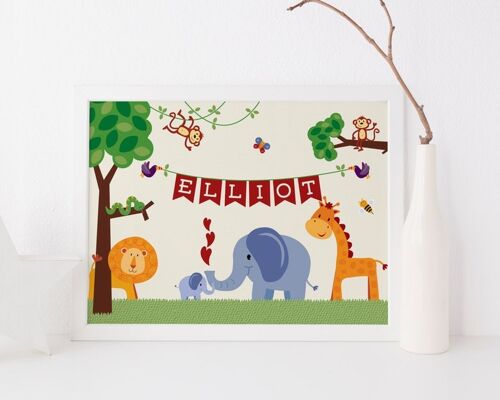 Jungle Safari Animal Print for kids - Personalised nursery decor - jungle art - new baby gift - christening gift - elephant - giraffe - lion - Mounted 16x12” Print (£25.00)