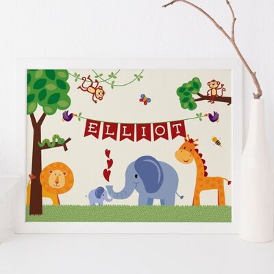 Jungle Safari Animal Print per bambini - arredamento personalizzato per la scuola materna - arte della giungla - nuovo regalo per bambini - regalo di battesimo - elefante - giraffa - leone - stampa 16 x 12" montata (£ 25,00)