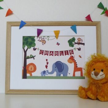 Jungle Safari Animal Print pour les enfants - Décor de pépinière personnalisé - art de la jungle - nouveau cadeau de bébé - cadeau de baptême - éléphant - girafe - lion - Impression montée 16x12" (25,00 £) 2