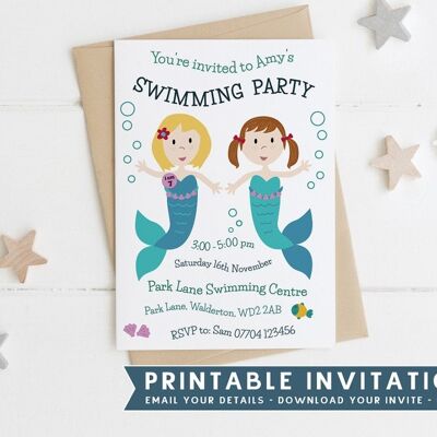 Druckbare Schwimmparty-Einladung - Meerjungfrau-Party-Einladung - gemeinsame Partyeinladung - druckbare Einladung - Mädcheneinladung - Partyeinladung - kurzes Haar - braunes langes Haar - Blond