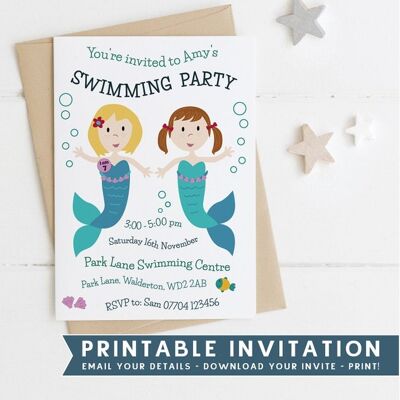 Printable Swimming Party Invitation - Mermaid Party Invitation - Joint party invite - Printable invite - Girls invitation - party invitation - Long Hair - Brown Short Hair - Black