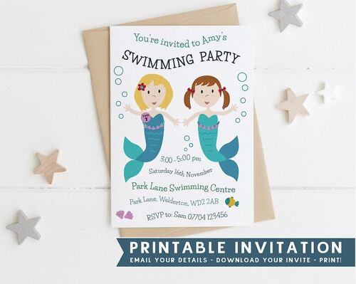 Printable Swimming Party Invitation - Mermaid Party Invitation - Joint party invite - Printable invite - Girls invitation - party invitation - Short Hair - Black Short Hair - Brown