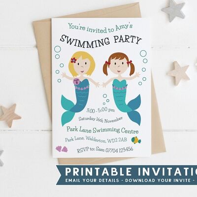 Druckbare Schwimmparty-Einladung - Meerjungfrau-Party-Einladung - gemeinsame Partyeinladung - druckbare Einladung - Mädcheneinladung - Partyeinladung - langes Haar - schwarzes kurzes Haar - braun