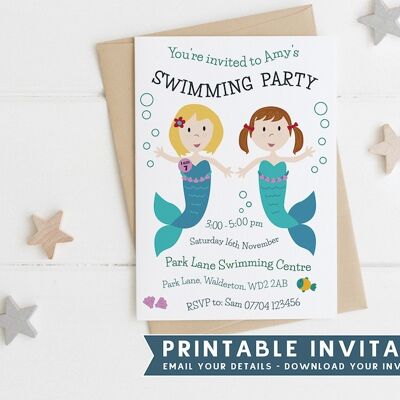 Printable Swimming Party Invitation - Mermaid Party Invitation - Joint party invite - Printable invite - Girls invitation - party invitation - Long Hair - Black Long Hair - Red