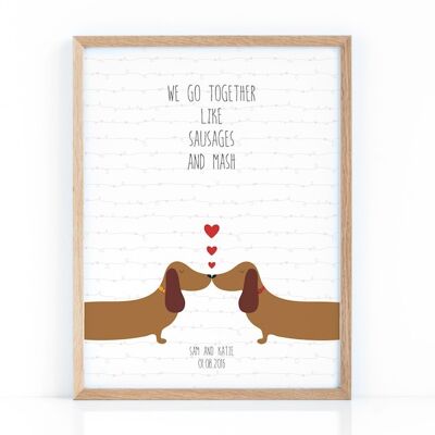 Impression d'amour de chien de saucisse pour l'anniversaire, le mariage ou la Saint-Valentin - Impression encadrée naturelle (60,00 £)