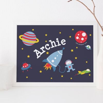 Space Rocket Print für Kinder – personalisierter Kinderzimmer-Print – neues Baby-Print – Raumschiff-Print – Geburtstagsgeschenk für Jungen – Space-Print – UK – Unmontierter A4-Druck (£18,00)
