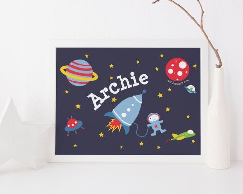 Children's Space Rocket Print - personalised nursery print - new baby print - spaceship print - birthday gift for boys - space print - uk - Mounted 16x12" Print (£25.00)