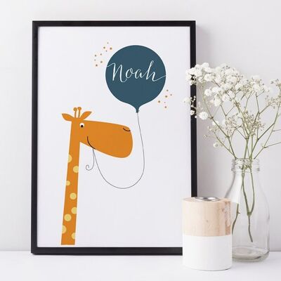 Giraffe Print for children - blue personalised print - nursery decor - baby boy gift - christening gift - personalized art - kids decor - Unmounted A4 Print (£18.00) Blue Balloon