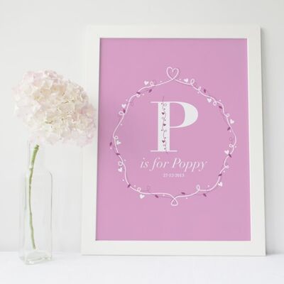 Baby Monogram Print per ragazze - stampa personalizzata - regalo neonato - regalo per bambina - arredamento per la scuola materna - stampa bambino rosa - nuova neonata - stampa con cornice in quercia (£ 60,00)