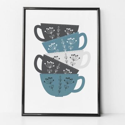 Impression de pile de tasses à thé/café pour les cuisines - style scandi - impression de cuisine - cadeau de pendaison de crémaillère - cadeau d'amitié - cadeau d'amoureux du thé - Impression A4 non montée (18,00 £) Sable