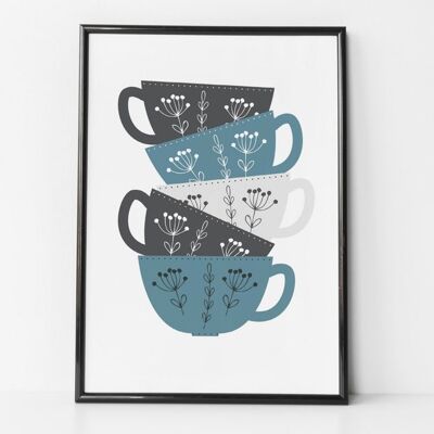Impression de pile de tasses à thé/café pour les cuisines - style scandi - impression de cuisine - cadeau de pendaison de crémaillère - cadeau d'amitié - cadeau d'amoureux du thé - Impression A4 non montée (18,00 £) Bleu pétrole