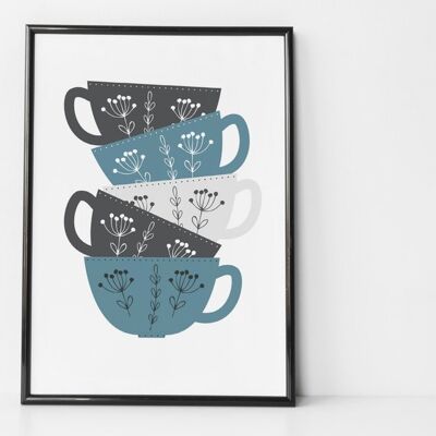 Tea / Coffee Cup Stack Print For Kitchens - scandi style - kitchen print - housewarming gift - friendship gift - tea lovers gift - Mounted 30x40cm (£25.00) Petrol Blue