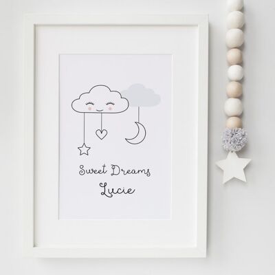 Sweet Dreams Cloud Nursery Print - Scandi Style - personalised print - minimalist nursery - baby gift - christening gift - uk - skandi - Unmounted A4 Print (£18.00) Baby Blue