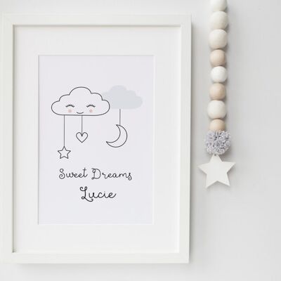 Sweet Dreams Cloud Nursery Print - Scandi Style - personalised print - minimalist nursery - baby gift - christening gift - uk - skandi - Unmounted A4 Print (£18.00) Baby Blue