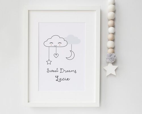 Sweet Dreams Cloud Nursery Print - Scandi Style - personalised print - minimalist nursery - baby gift - christening gift - uk - skandi - Mounted 30x40cm (£25.00) Baby Blue