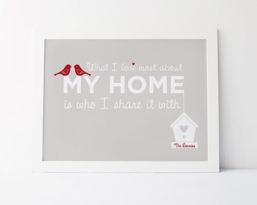 Home Love Print 'What I love most about my home is who I share it with' - grey red personalised print - housewarming gift - home decor gift - Unmounted A4 Print (£18.00)