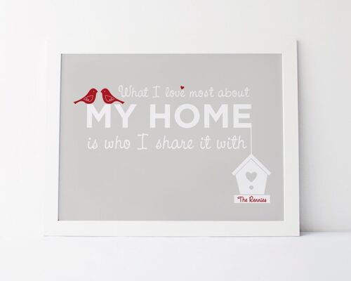 Home Love Print 'What I love most about my home is who I share it with' - grey red personalised print - housewarming gift - home decor gift - Mounted 16x12" Print (£25.00)