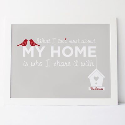 Home Love Print 'What I love most about my home is who I share it with' - grey red personalised print - housewarming gift - home decor gift - Mounted 16x12" Print (£25.00)