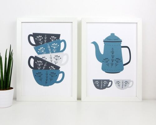 Teapot Kitchen Art – Blue Coffee Prints – Scandi Kitchen Art – tea art print – coffee art print – Blue and grey print - kitchen wall art - A4 prints unmounted (£22.00)