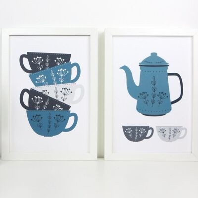 Teapot Kitchen Art - Blue Coffee Prints - Scandi Kitchen Art - impression d'art de thé - impression d'art de café - Impression bleue et grise - art mural de cuisine - impressions A4 non montées (22,00 £)