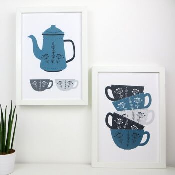 Teapot Kitchen Art – Blue Coffee Prints – Scandi Kitchen Art – tea art print – coffee art print – Blue and grey print – cuisine wall art – Monté 30x40cm (£28.00) 3