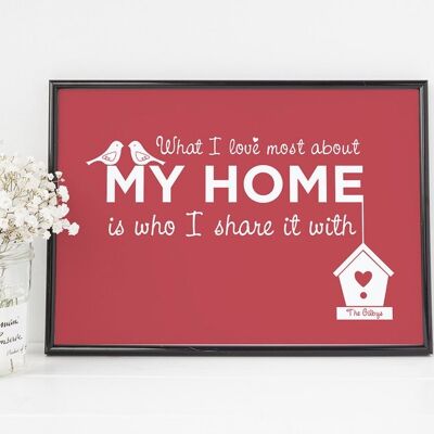 Home Love Print « Ce que j'aime le plus dans ma maison, c'est avec qui je la partage » - impression personnalisée rouge - cadeau de pendaison de crémaillère - décoration - maison - cadre noir + support (60,00 £)