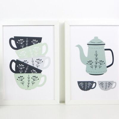 Teapot Kitchen Art – Green Coffee Prints – Scandi Kitchen Art – tea art print – coffee art print – green and grey print - kitchen wall art - A4 prints unmounted (£22.00)