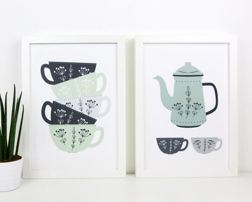 Teapot Kitchen Art – Green Coffee Prints – Scandi Kitchen Art – tea art print – coffee art print – green and grey print - kitchen wall art - Mounted 30x40cm (£28.00)
