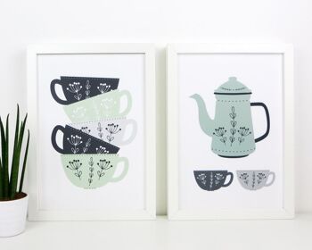 Teapot Kitchen Art - Green Coffee Prints - Scandi Kitchen Art - impression d'art de thé - impression d'art de café - impression verte et grise - art mural de cuisine - Monté 30x40cm (28,00 £) 1