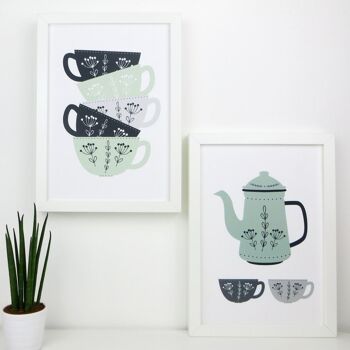 Teapot Kitchen Art - Green Coffee Prints - Scandi Kitchen Art - impression d'art de thé - impression d'art de café - impression verte et grise - art mural de cuisine - Monté 30x40cm (28,00 £) 3