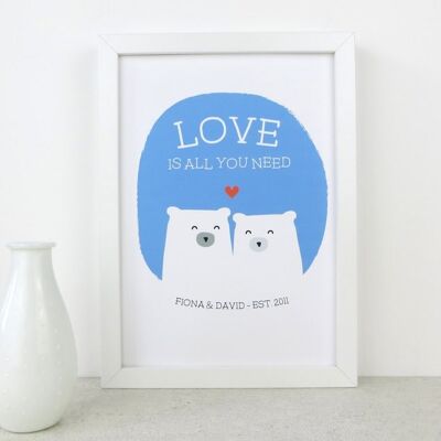 Lindo oso 'El amor es todo lo que necesitas' Lámina - Impresión A4 sin montar (£ 18,00) Azul claro