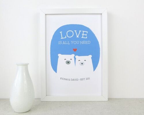 Cute Bear 'Love Is All You Need' Art Print - Unmounted A4 Print (£18.00) Mint Green