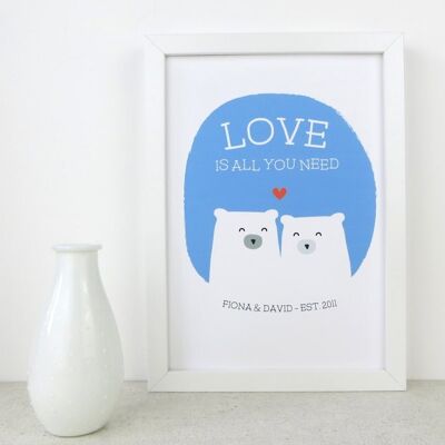 Cute Bear 'Love Is All You Need' Art Print - Mounted Print (£25.00) Light Blue