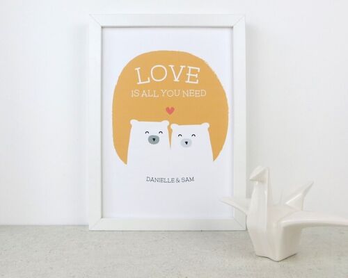 Cute Bear Love Print 'Love Is All You Need' - sunshine yellow - Personalised print - anniversary gift - wedding gift - 7 colours - valentine - Unmounted A4 Print (£17.95) Red