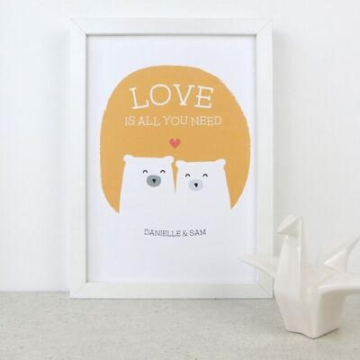 Cute Bear Love Print 'Love Is All You Need' - sunshine yellow - Personalised print - anniversary gift - wedding gift - 7 colours - valentine - Unmounted A4 Print (£17.95) Red