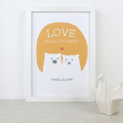 Cute Bear Love Print 'Love Is All You Need' - sunshine yellow - Personalised print - anniversary gift - wedding gift - 7 colours - valentine - Unmounted A4 Print (£17.95) Gray